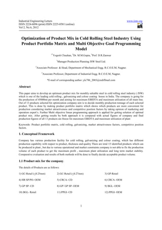 Industrial Engineering Letters                                                                          www.iiste.org
ISSN 2224-6096 (print) ISSN 2225-0581 (online)
Vol 2, No.6, 2012



  Optimization of Product Mix in Cold Rolling Steel Industry Using
  Product Portfolio Matrix and Multi Objective Goal Programming
                              Model
                                   1*
                                        Yogesh Chauhan, 2Dr. M.M.Gupta, 3Prof. D.R.Zanwar
                                           1
                                               Manager Production Planning JSW Steel Ltd.
                2
                    Associate Professor & Head, Department of Mechanical Engg. R.C.O.E.M, Nagpur.
                        3
                            Associate Professor, Department of Industrial Engg. R.C.O.E.M, Nagpur.

                                *E-mail of corresponding author :ylc786_2003@rediffmail.com

Abstract

This paper aims to develop an optimum product mix for monthly saleable steel in cold rolling steel industry ( JSW)
which is one of the leading cold rolling , galvanizing and colour coating house in India. The company is going for
the production of 45000mt per month and aiming for maximum EBIDTA and maximum utilization of all main line.
Out of 13 products selected for optimization company aim is to decide monthly production tonnage of each selected
product. This is done by making product portfolio matrix which shows which products are more convenient for
production considering market attractiveness and competitive position factors by taking opinion of marketing and
operation expert’s. Further Multi objective linear programming approach is applied for getting solution of optimal
product mix. After getting results by both approach it is compared with actual figures of company and final
production figures of all 13 products are freeze for maximum EBIDTA and maximum utilization of plant

Keywords: Product portfolio matrix, cold rolling, galvanizing, market attractiveness factors, competitive position
factors.

1. Conceptual Framework
Company has various production facility for cold rolling, galvanizing and colour coating, which has different
production capability with respect to product, thickness and quality There are total 13 identified products which can
be produced in plant , but due to various operational and market constraints company is not able to fix the production
volume of each product to get the maximum profit , maximum plant utilization and long term market stability.
Comparative evaluation and results of both methods will be done to finally decide acceptable product volume.

1.1 Product mix for the company.
The details of Products are as follows:

1) GC-Retail (<0.25mm)                     2) GC-Retail (<0.27mm)                       3) GP-Retail

4) HR SP/PO- OEM                           5) CRCA- CD                                  6) CRCA- OEM

7) GP SP- CD                               8) GP/ GP SP- OEM                            9) BGL- OEM

10) BGL- Retail                            11) PPGI- CD                                 12) PPGI- OEM




                                                                  1
 