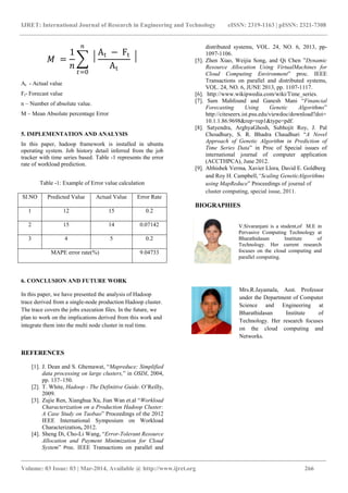 IJRET: International Journal of Research in Engineering and Technology eISSN: 2319-1163 | pISSN: 2321-7308
_______________________________________________________________________________________
Volume: 03 Issue: 03 | Mar-2014, Available @ http://www.ijret.org 266
𝑀 =
1
𝑛
⃒
At − Ft
At
𝑛
𝑡=0
⃒
At - Actual value
Ft- Forecast value
n – Number of absolute value.
M – Mean Absolute percentage Error
5. IMPLEMENTATION AND ANALYSIS
In this paper, hadoop framework is installed in ubuntu
operating system. Job history detail inferred from the job
tracker with time series based. Table -1 represents the error
rate of workload prediction.
Table -1: Example of Error value calculation
SI.NO Predicted Value Actual Value Error Rate
1 12 15 0.2
2 15 14 0.07142
3 4 5 0.2
MAPE error rate(%) 9.04733
6. CONCLUSION AND FUTURE WORK
In this paper, we have presented the analysis of Hadoop
trace derived from a single-node production Hadoop cluster.
The trace covers the jobs execution files. In the future, we
plan to work on the implications derived from this work and
integrate them into the multi node cluster in real time.
REFERENCES
[1]. J. Dean and S. Ghemawat, “Mapreduce: Simplified
data processing on large clusters,” in OSDI, 2004,
pp. 137–150.
[2]. T. White, Hadoop - The Definitive Guide. O’Reilly,
2009.
[3]. Zujie Ren, Xianghua Xu, Jian Wan et.al “Workload
Characterization on a Production Hadoop Cluster:
A Case Study on Taobao” Proceedings of the 2012
IEEE International Symposium on Workload
Characterization, 2012.
[4]. Sheng Di, Cho-Li Wang, “Error-Tolerant Resource
Allocation and Payment Minimization for Cloud
System” Proc. IEEE Transactions on parallel and
distributed systems, VOL. 24, NO. 6, 2013, pp-
1097-1106.
[5]. Zhen Xiao, Weijia Song, and Qi Chen ”Dynamic
Resource Allocation Using VirtualMachines for
Cloud Computing Environment” proc. IEEE
Transactions on parallel and distributed systems,
VOL. 24, NO. 6, JUNE 2013, pp. 1107-1117.
[6]. http://www.wikipwedia.com/wiki/Time_series.
[7]. Sam Mahfound and Ganesh Mani “Financial
Forecasting Using Genetic Algorithms”
http://citeseerx.ist.psu.edu/viewdoc/download?doi=
10.1.1.86.9698&rep=rep1&type=pdf.
[8]. Satyendra, ArghyaGhosh, Subhojit Roy, J. Pal
Choudhury, S. R. Bhadra Chaudhuri “A Novel
Approach of Genetic Algorithm in Prediction of
Time Series Data” in Proc of Special issues of
international journal of computer application
(ACCTHPCA), June 2012.
[9]. Abhishek Verma, Xavier Llora, David E. Goldberg
and Roy H. Campbell,“Scaling GeneticAlgorithms
using MapReduce” Proceedings of journal of
cluster computing, special issue, 2011.
BIOGRAPHIES
V.Sivaranjani is a student,of M.E in
Pervasive Computing Technology at
Bharathidasan Institute of
Technology. Her current research
focuses on the cloud computing and
parallel computing.
Mrs.R.Jayamala, Asst. Professor
under the Department of Computer
Science and Engineering at
Bharathidasan Institute of
Technology. Her research focuses
on the cloud computing and
Networks.
 