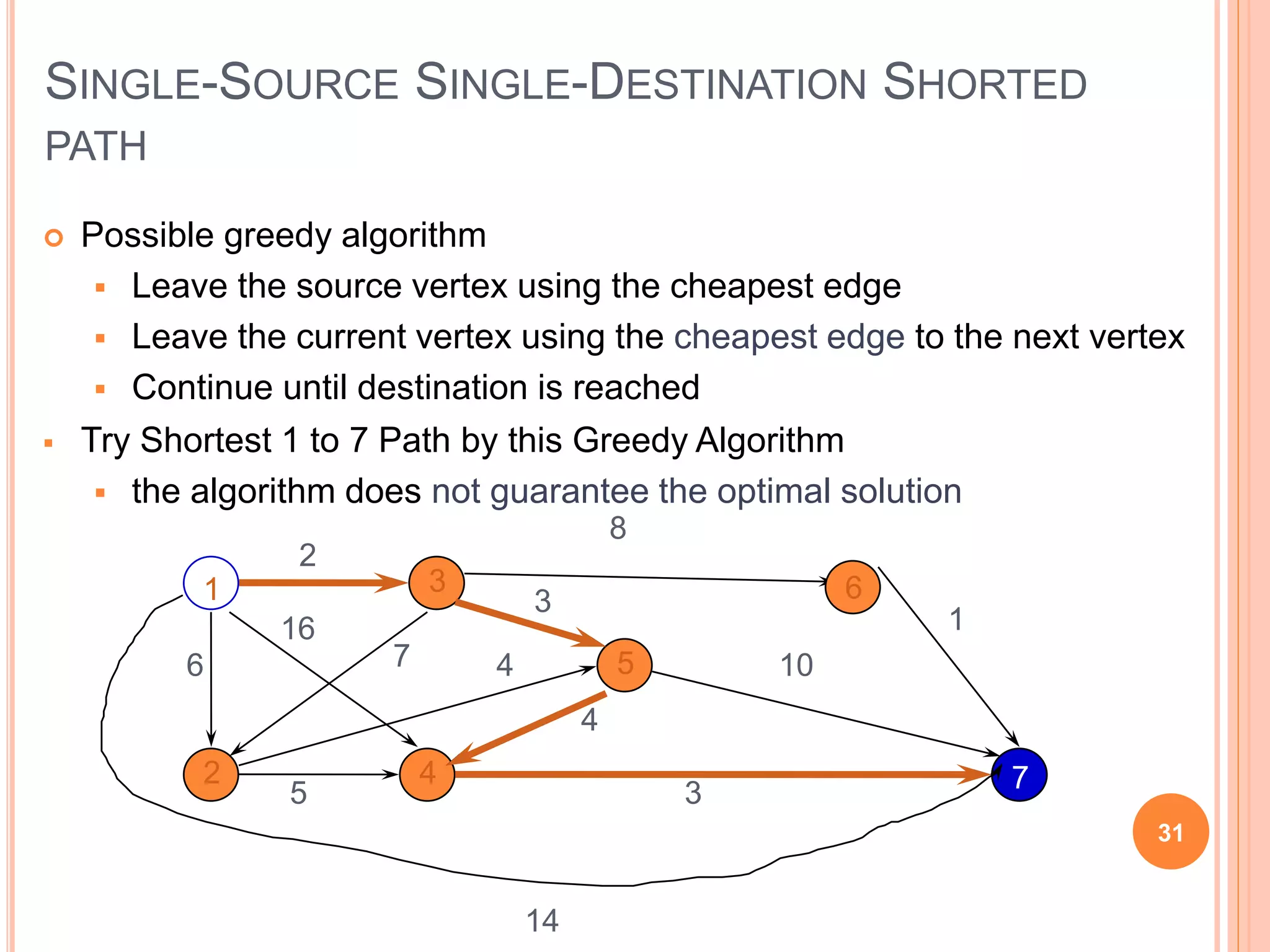SINGLE-SOURCE SINGLE-DESTINATION SHORTED
PATH
 Possible greedy algorithm
 Leave the source vertex using the cheapest edge
 Leave the current vertex using the cheapest edge to the next vertex
 Continue until destination is reached
 Try Shortest 1 to 7 Path by this Greedy Algorithm
 the algorithm does not guarantee the optimal solution
31
1
2
3
4
5
6
7
2
6
16
7
8
10
3
14
4
4
5 3
1
 