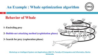 12
Workshop on Intelligent System and Applications (ISA’17), Faculty of Computers and Informatics, Benha
University.
An Example : Whale optimization algorithm
1- Encircling prey
2- Bubble-net attacking method (exploitation phase)
3- Search for prey (exploration phase)
Behavior of Whale
 
