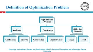 Definition of Optimization Problem
4
Workshop on Intelligent System and Applications (ISA’17), Faculty of Computers and Informatics, Benha
University.
Optimization
Problem
Variables
Continuous Discrete
Constraints
Constrained Unconstrained
Objective
Function
Single Multi
 