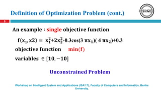 Definition of Optimization Problem (cont.)
5
Workshop on Intelligent System and Applications (ISA’17), Faculty of Computers and Informatics, Benha
University.
𝐟 𝐱 𝟏, 𝐱𝟐 = 𝐱 𝟏
𝟐
+𝟐𝐱 𝟐
𝟐
-0.3cos(3 𝛑𝐱 𝟏)( 4 𝛑𝐱 𝟐)+0.3
𝐨𝐛𝐣𝐞𝐜𝐭𝐢𝐯𝐞 𝐟𝐮𝐧𝐜𝐭𝐢𝐨𝐧 𝐦𝐢𝐧(𝐟)
𝐀𝐧 𝐞𝐱𝐚𝐦𝐩𝐥𝐞 ∶ 𝐬𝐢𝐧𝐠𝐥𝐞 𝐨𝐛𝐣𝐞𝐜𝐭𝐢𝐯𝐞 𝐟𝐮𝐧𝐜𝐭𝐢𝐨𝐧
𝐯𝐚𝐫𝐢𝐚𝐛𝐥𝐞𝐬 ∈ [𝟏𝟎, −𝟏𝟎]
𝐔𝐧𝐜𝐨𝐧𝐬𝐭𝐫𝐚𝐢𝐧𝐞𝐝 𝐏𝐫𝐨𝐛𝐥𝐞𝐦
 