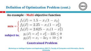 Definition of Optimization Problem (cont.)
8
Workshop on Intelligent System and Applications (ISA’17), Faculty of Computers and Informatics, Benha
University.
𝐀𝐧 𝐞𝐱𝐚𝐦𝐩𝐥𝐞 ∶ 𝐌𝐮𝐥𝐭𝐢 𝐨𝐛𝐣𝐞𝐜𝐭𝐢𝐯𝐞 𝐟𝐮𝐧𝐜𝐭𝐢𝐨𝐧
𝐂𝐨𝐧𝐬𝐭𝐫𝐚𝐢𝐧𝐞𝐝 𝐏𝐫𝐨𝐛𝐥𝐞𝐦
𝒎𝒊𝒏 = {
𝐬𝐮𝐛𝐣𝐞𝐜𝐭 𝐭𝐨;
 