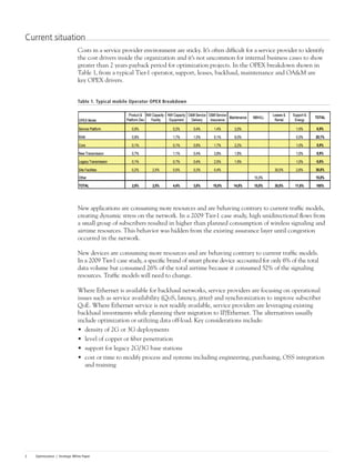 Optimization | Strategic White Paper2
Current situation
Costs in a service provider environment are sticky. It’s often difficult for a service provider to identify
the cost drivers inside the organization and it’s not uncommon for internal business cases to show
greater than 2 years payback period for optimization projects. In the OPEX breakdown shown in
Table 1, from a typical Tier-1 operator, support, leases, backhaul, maintenance and OA&M are
key OPEX drivers.
Table 1. Typical mobile Operator OPEX Breakdown
New applications are consuming more resources and are behaving contrary to current traffic models,
creating dynamic stress on the network. In a 2009 Tier-1 case study, high unidirectional flows from
a small group of subscribers resulted in higher than planned consumption of wireless signaling and
airtime resources. This behavior was hidden from the existing assurance layer until congestion
occurred in the network.
New devices are consuming more resources and are behaving contrary to current traffic models.
In a 2009 Tier-1 case study, a specific brand of smart phone device accounted for only 6% of the total
data volume but consumed 26% of the total airtime because it consumed 52% of the signaling
resources. Traffic models will need to change.
Where Ethernet is available for backhaul networks, service providers are focusing on operational
issues such as service availability (QoS, latency, jitter) and synchronization to improve subscriber
QoE. Where Ethernet service is not readily available, service providers are leveraging existing
backhaul investments while planning their migration to IP/Ethernet. The alternatives usually
include optimization or utilizing data off-load. Key considerations include:
•	 density of 2G or 3G deployments
•	 level of copper or fiber penetration
•	 support for legacy 2G/3G base stations
•	 cost or time to modify process and systems including engineering, purchasing, OSS integration
and training
 