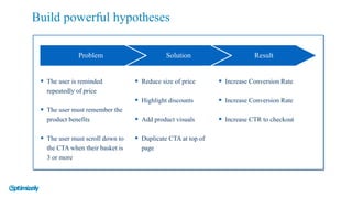 § The user is reminded
repeatedly of price
§ The user must remember the
product benefits
§ The user must scroll down to
the CTA when their basket is
3 or more
Problem Solution Result
§ Reduce size of price
§ Highlight discounts
§ Add product visuals
§ Duplicate CTA at top of
page
§ Increase Conversion Rate
§ Increase Conversion Rate
§ Increase CTR to checkout
Build powerful hypotheses
 
