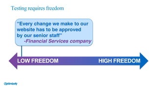 Testing requires freedom
LOW  FREEDOM HIGH  FREEDOM
“Every change we make to our
website has to be approved
by our senior staff”
-Financial Services company
 