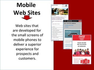 Mobile  Web Sites Web sites that  are developed for  the small screens of mobile phones to deliver a superior experience for prospects and customers. 