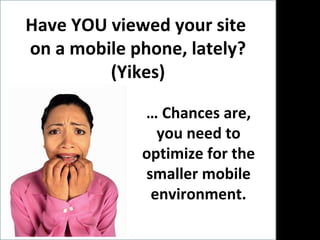 Have YOU viewed your site  on a mobile phone, lately? (Yikes) …  Chances are, you need to optimize for the smaller mobile environment.   