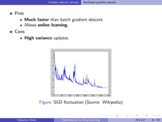 Gradient descent variants Stochastic gradient descent
Pros
Much faster than batch gradient descent.
Allows online learning.
Cons
High variance updates.
Figure: SGD ﬂuctuation (Source: Wikipedia)
Sebastian Ruder Optimization for Deep Learning 24.11.17 8 / 49
 