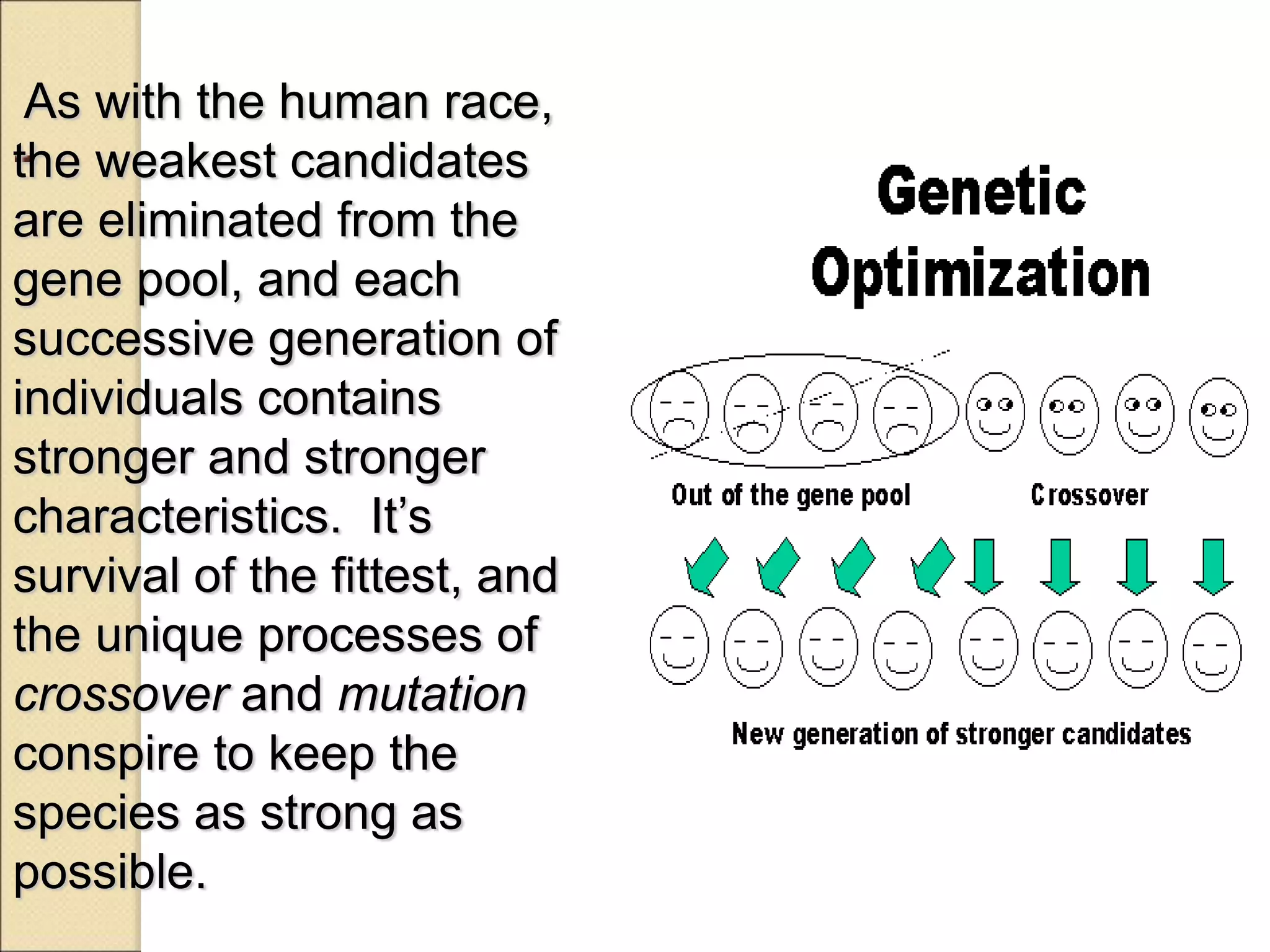 -
As with the human race,
the weakest candidates
are eliminated from the
gene pool, and each
successive generation of
individuals contains
stronger and stronger
characteristics. It’s
survival of the fittest, and
the unique processes of
crossover and mutation
conspire to keep the
species as strong as
possible.
 