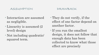 ASSUMPTION
• Interaction are assumed
as negligible.
• Linearity is assumed (2
level) design
• Not including quadratic/
squared term.
DRAWBACK
• They do not verify, if the
effect of one factor depend on
another factor.
• If you run the smallest
design, it does not follow that
enough data has been
collected to know what those
effect are precisely
 
