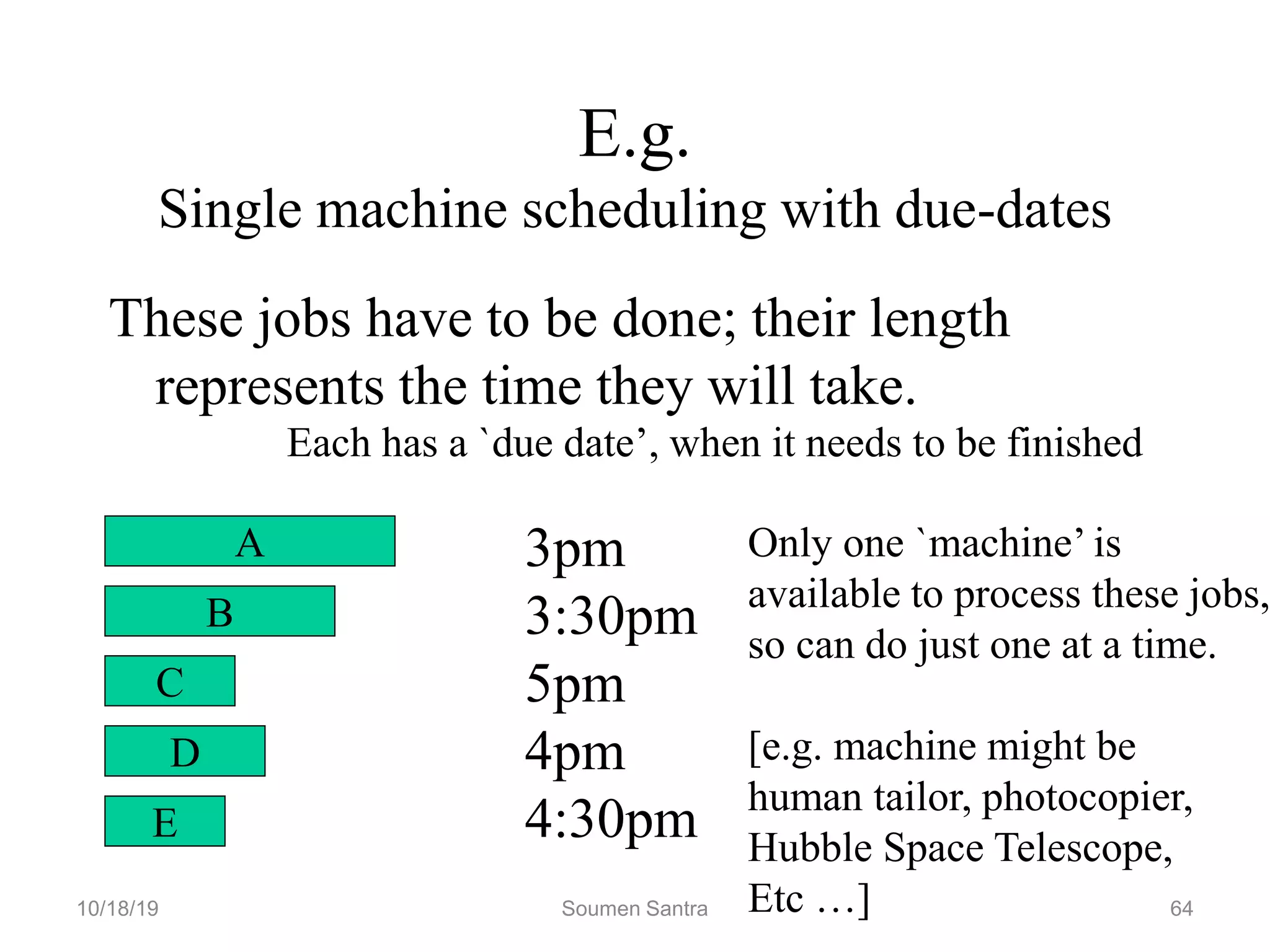 E.g.
Single machine scheduling with due-dates
These jobs have to be done; their length
represents the time they will take.
A
B
C
D
E
Each has a `due date’, when it needs to be finished
3pm
3:30pm
5pm
4pm
4:30pm
Only one `machine’ is
available to process these jobs,
so can do just one at a time.
[e.g. machine might be
human tailor, photocopier,
Hubble Space Telescope,
Etc …]
10/18/19 Soumen Santra 64
 