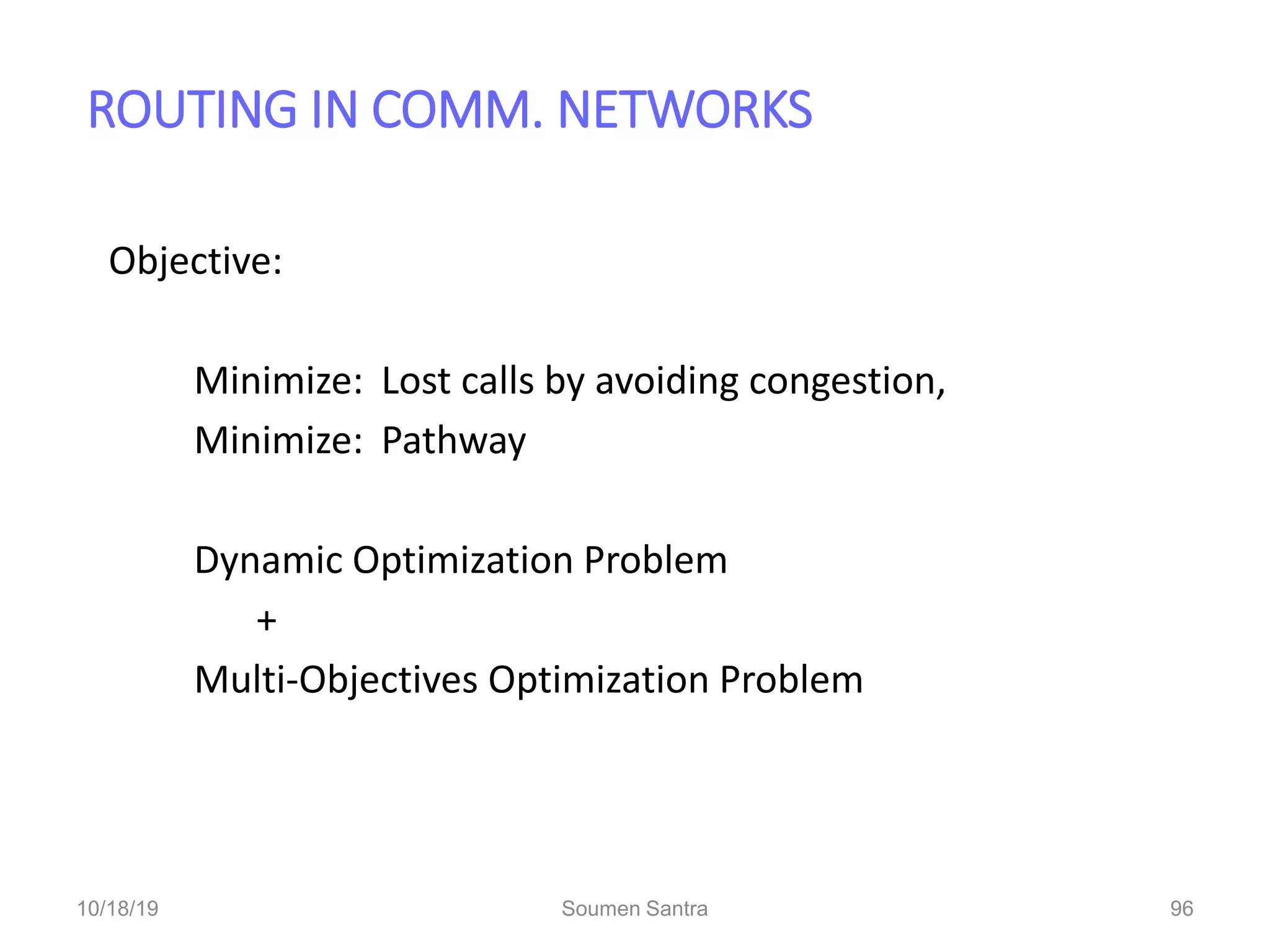 ROUTING IN COMM. NETWORKS
Objective:
Minimize: Lost calls by avoiding congestion,
Minimize: Pathway
Dynamic Optimization Problem
+
Multi-Objectives Optimization Problem
96
10/18/19 Soumen Santra 96
 