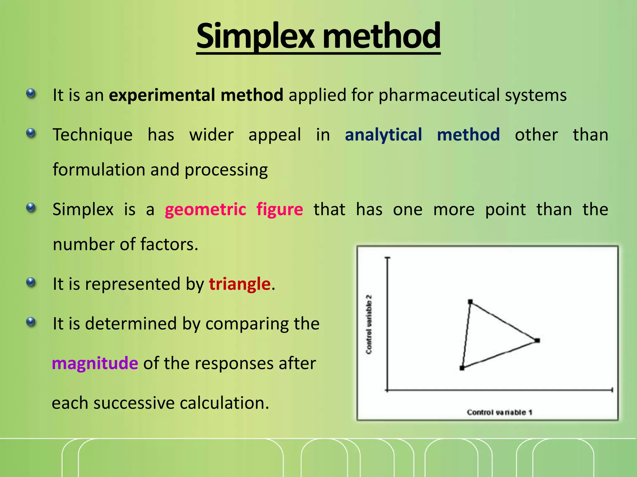 Simplex method
It is an experimental method applied for pharmaceutical systems
Technique has wider appeal in analytical method other than
formulation and processing
Simplex is a geometric figure that has one more point than the
number of factors.
It is represented by triangle.
It is determined by comparing the
magnitude of the responses after
each successive calculation.
 