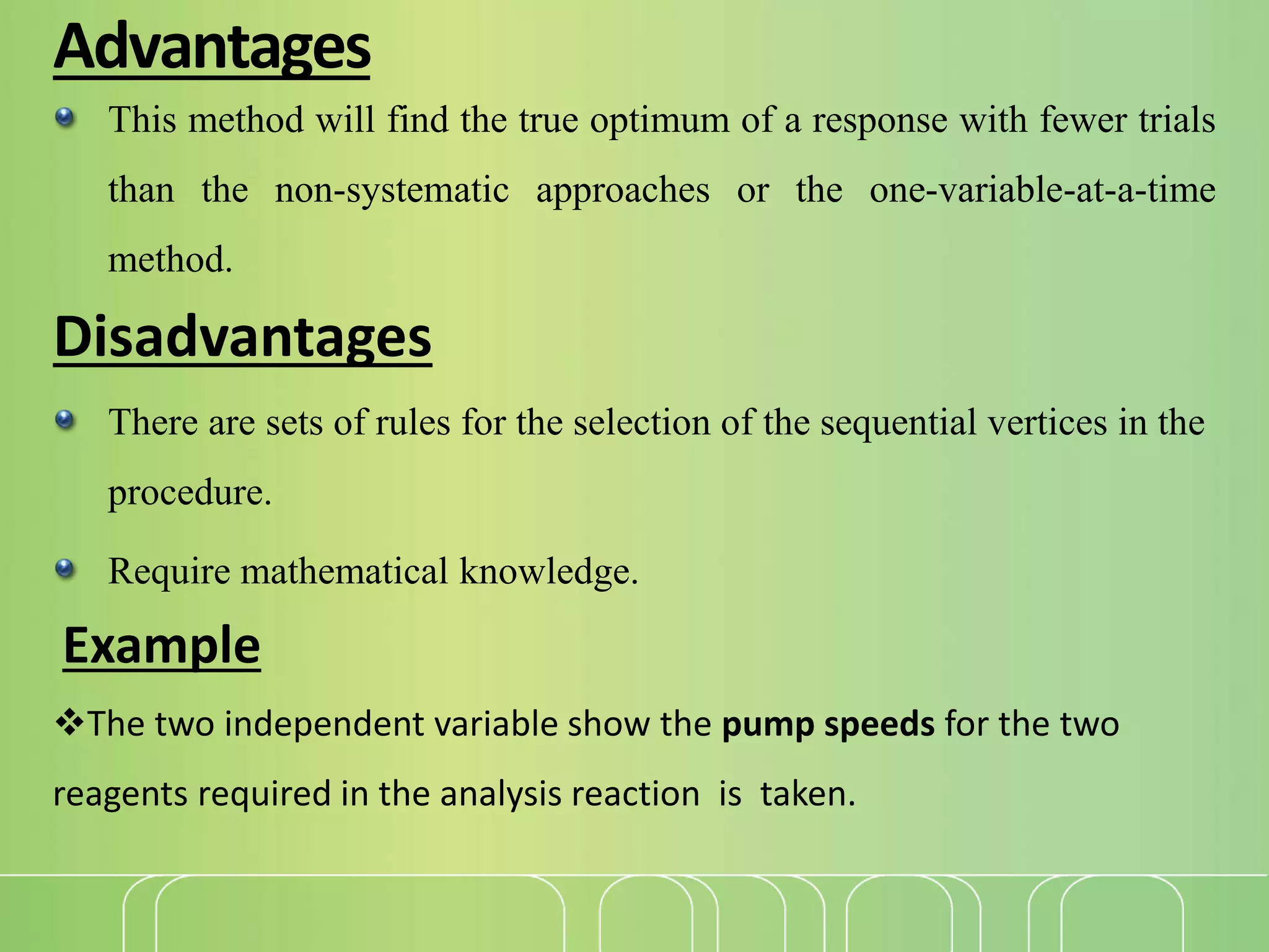 Advantages
This method will find the true optimum of a response with fewer trials
than the non-systematic approaches or the one-variable-at-a-time
method.
Disadvantages
There are sets of rules for the selection of the sequential vertices in the
procedure.
Require mathematical knowledge.
Example
The two independent variable show the pump speeds for the two
reagents required in the analysis reaction is taken.
 
