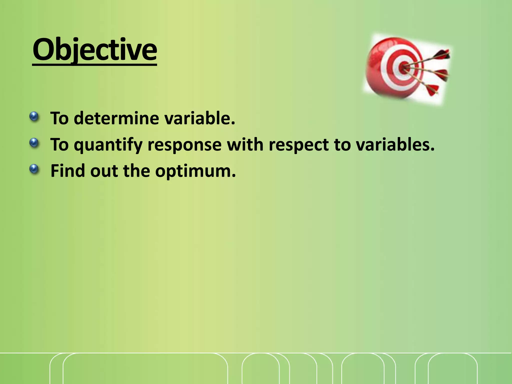 To determine variable.
To quantify response with respect to variables.
Find out the optimum.
Objective
 