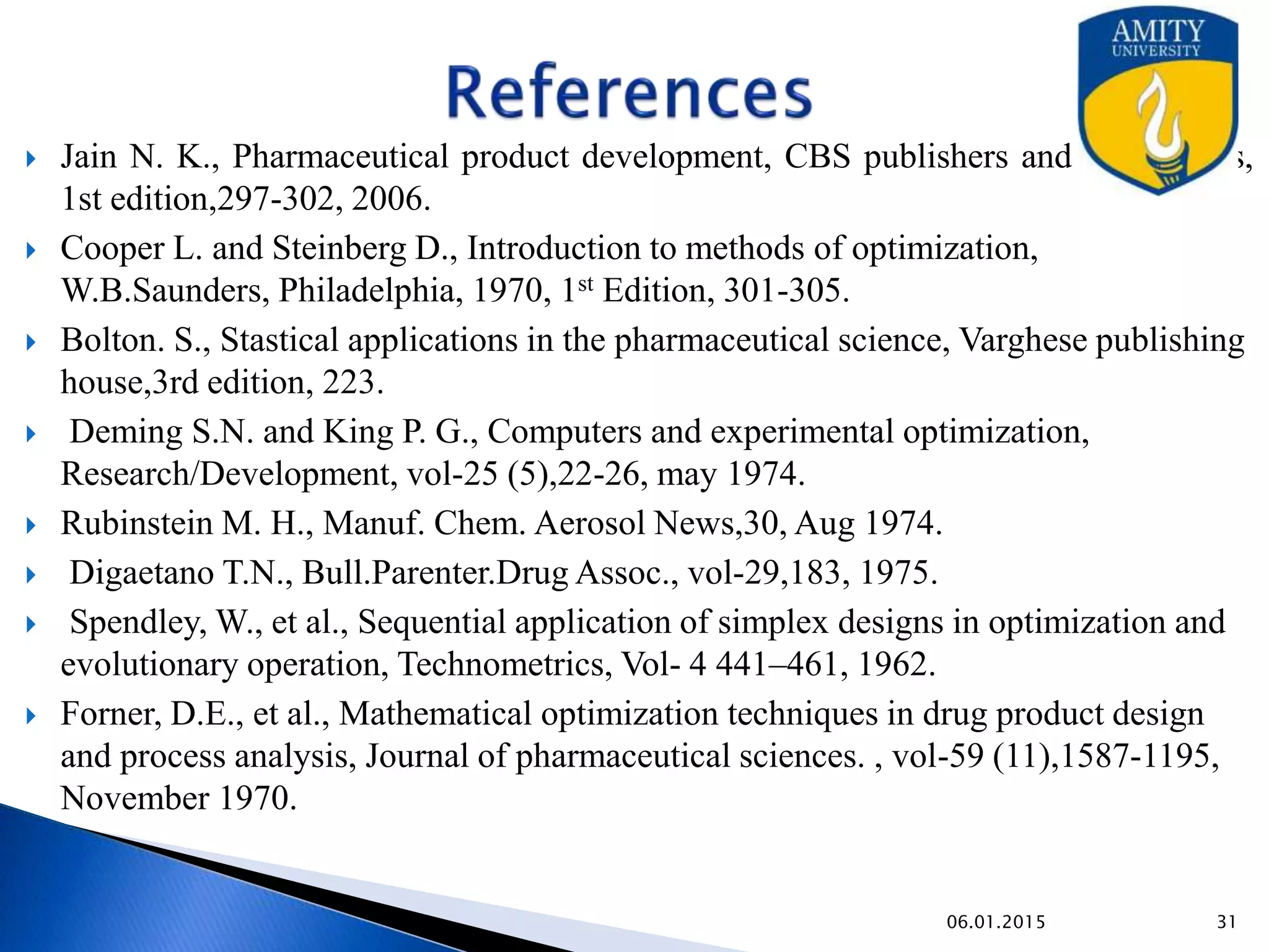 References
• Jain N. K., Pharmaceutical product development, CBS publishers and distributors, 1st
edition,297-302, 2006.
• Cooper L. and Steinberg D., Introduction to methods of optimization, W.B.Saunders,
Philadelphia, 1970, 1st Edition, 301-305.
• Bolton. S., Stastical applications in the pharmaceutical science, Varghese publishing
house,3rd edition, 223.
• Deming S.N. and King P. G., Computers and experimental optimization,
Research/Development, vol-25 (5),22-26, may 1974.
• Rubinstein M. H., Manuf. Chem. Aerosol News,30, Aug 1974.
• Digaetano T.N., Bull.Parenter.Drug Assoc., vol-29,183, 1975.
• Spendley, W., Sequential application of simplex designs in optimization and
evolutionary operation, Technometrics, Vol- 4 441–461, 1962.
• Forner D.E., Mathematical optimization techniques in drug product design and
process analysis, Journal of pharmaceutical sciences. , vol-59 (11),1587-1195,
November 1970.
9/27/2015
 