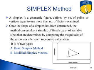SIMPLEX Method
 A simplex is a geometric figure, defined by no. of points or
vertices equal to one more than no. of factors examined.
 Once the shape of a simplex has been determined, the
method can employ a simplex of fixed size or of variable
sizes that are determined by comparing the magnitudes of
the responses after each successive calculation
It is of two types:
A. Basic Simplex Method
B. Modified Simplex Method.
9/27/2015
 