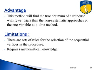 Advantage
• This method will find the true optimum of a response with
fewer trials than the non-systematic approaches or the one-
variable-at-a-time method.
Limitations :
• There are sets of rules for the selection of the sequential
vertices in the procedure.
• Requires mathematical knowledge.
9/27/2015
 