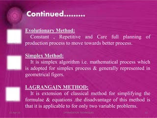 Continued………
Evolutionary Method:
Constant , Repetitive and Care full planning of
production process to move towards better process.
Simplex Method:
It is simplex algorithm i.e. mathematical process which
is adopted for simplex process & generally represented in
geometrical figers.
LAGRANGAIN METHOD:
It is extension of classical method for simplifying the
formulae & equations .the disadvantage of this method is
that it is applicable to for only two variable problems.
21-Apr-15 12OPTIMIZATION TECHNIQUES
 