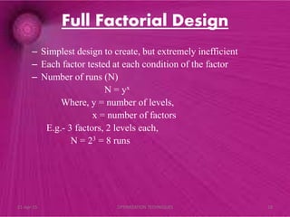 Full Factorial Design
– Simplest design to create, but extremely inefficient
– Each factor tested at each condition of the factor
– Number of runs (N)
N = yx
Where, y = number of levels,
x = number of factors
E.g.- 3 factors, 2 levels each,
N = 23 = 8 runs
21-Apr-15 18OPTIMIZATION TECHNIQUES
 