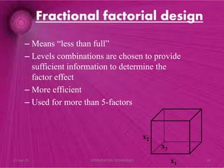 Fractional factorial design
– Means “less than full”
– Levels combinations are chosen to provide
sufficient information to determine the
factor effect
– More efficient
– Used for more than 5-factors
x1
x2
x3
21-Apr-15 20OPTIMIZATION TECHNIQUES
 