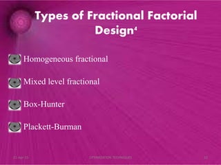 Types of Fractional Factorial
Design4
• Homogeneous fractional
• Mixed level fractional
• Box-Hunter
• Plackett-Burman
21-Apr-15 22OPTIMIZATION TECHNIQUES
 