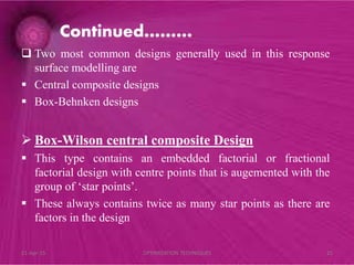  Two most common designs generally used in this response
surface modelling are
 Central composite designs
 Box-Behnken designs
 Box-Wilson central composite Design
 This type contains an embedded factorial or fractional
factorial design with centre points that is augemented with the
group of ‘star points’.
 These always contains twice as many star points as there are
factors in the design
Continued………
21-Apr-15 25OPTIMIZATION TECHNIQUES
 