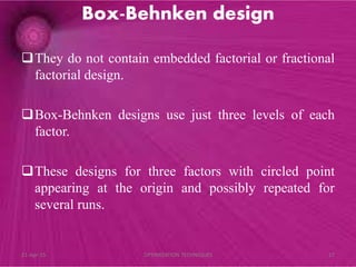 Box-Behnken design
They do not contain embedded factorial or fractional
factorial design.
Box-Behnken designs use just three levels of each
factor.
These designs for three factors with circled point
appearing at the origin and possibly repeated for
several runs.
21-Apr-15 27OPTIMIZATION TECHNIQUES
 