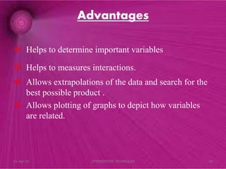 Advantages
 Helps to determine important variables
 Helps to measures interactions.
 Allows extrapolations of the data and search for the
best possible product .
 Allows plotting of graphs to depict how variables
are related.
21-Apr-15 29OPTIMIZATION TECHNIQUES
 