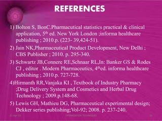 REFERENCES
1) Bolton S, BonC.Pharmacutical statistics practical & clinical
application, 5th ed. New York London ;informa healthcare
publishing ; 2010.p. (223- 39,424-51).
2) Jain NK,Pharmaceutical Product Development, New Delhi ;
CBS Publisher ; 2010. p. 295-340.
3) Schwartz JB,Connere RE,Schnaar RL,In: Banker GS & Rodes
CJ , editor . Modern Pharmaceutics, 4thed. informa healthcare
publishing ; 2010.p. 727-728.
4)Hirmanth RR,Vanjaka KI , Textbook of Industry Pharmacy
;Drug Delivery System and Cosmetics and Herbal Drug
Technology ; 2009.p.148-68.
5) Lewis GH, Mathieu DG, Pharmaceutical experimental design;
Dekker series publishing;Vol-92; 2008. p. 237-240.
21-Apr-15 33OPTIMIZATION TECHNIQUES
 