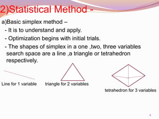 2)Statistical Method -
a)Basic simplex method –
- It is to understand and apply.
- Optimization begins with initial trials.
- The shapes of simplex in a one ,two, three variables
search space are a line ,a triangle or tetrahedron
respectively.
Line for 1 variable triangle for 2 variables
tetrahedron for 3 variables
6
 