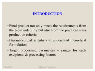 ◦ Final product not only meets the requirements from
the bio-availability but also from the practical mass
production criteria
◦ Pharmaceutical scientist- to understand theoretical
formulation.
◦ Target processing parameters – ranges for each
excipients & processing factors
17 August 2012 KLE College of Pharmacy, Nipani. 4
INTRODUCTION
 
