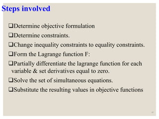 Steps involved
Determine objective formulation
Determine constraints.
Change inequality constraints to equality constraints.
Form the Lagrange function F:
Partially differentiate the lagrange function for each
variable & set derivatives equal to zero.
Solve the set of simultaneous equations.
Substitute the resulting values in objective functions
49
 