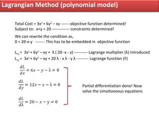 Lagrangian Method (polynomial model)

    Total Cost = 3x2 + 6y2 – xy ------ objective function determined!
    Subject to...