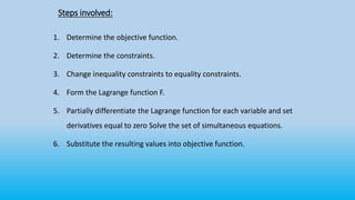 Steps involved:
1. Determine the objective function.
2. Determine the constraints.
3. Change inequality constraints to equality constraints.
4. Form the Lagrange function F.
5. Partially differentiate the Lagrange function for each variable and set
derivatives equal to zero Solve the set of simultaneous equations.
6. Substitute the resulting values into objective function.
 