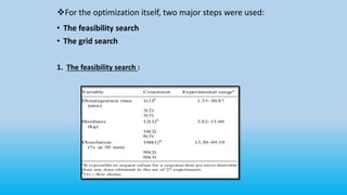 For the optimization itself, two major steps were used:
• The feasibility search
• The grid search
1. The feasibility search :
 
