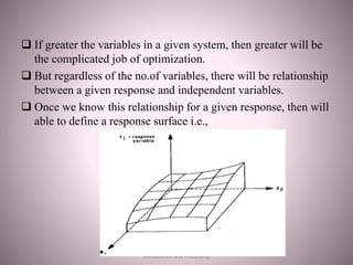  If greater the variables in a given system, then greater will be
the complicated job of optimization.
 But regardless of the no.of variables, there will be relationship
between a given response and independent variables.
 Once we know this relationship for a given response, then will
able to define a response surface i.e.,
Optimization Techniques in pharmaceutical
Formulation and Processing
 