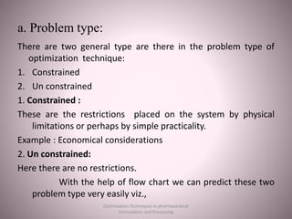 a. Problem type:
There are two general type are there in the problem type of
optimization technique:
1. Constrained
2. Un constrained
1. Constrained :
These are the restrictions placed on the system by physical
limitations or perhaps by simple practicality.
Example : Economical considerations
2. Un constrained:
Here there are no restrictions.
With the help of flow chart we can predict these two
problem type very easily viz.,
Optimization Techniques in pharmaceutical
Formulation and Processing
 