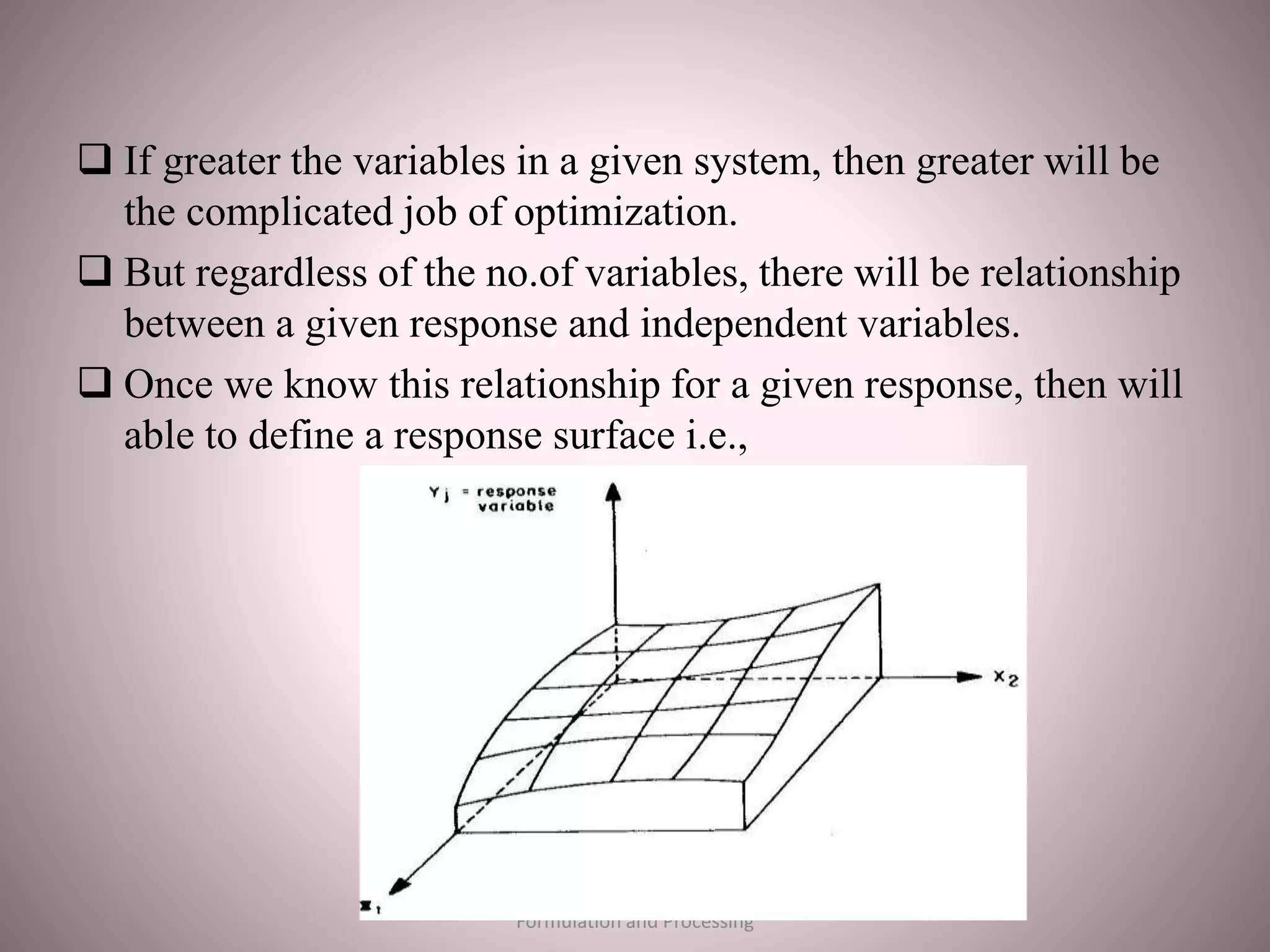  If greater the variables in a given system, then greater will be
the complicated job of optimization.
 But regardless of the no.of variables, there will be relationship
between a given response and independent variables.
 Once we know this relationship for a given response, then will
able to define a response surface i.e.,
Optimization Techniques in pharmaceutical
Formulation and Processing
 