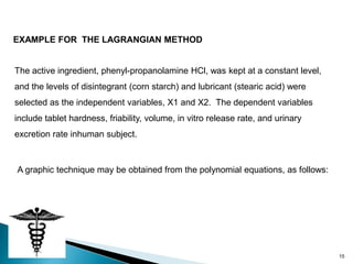 EXAMPLE FOR THE LAGRANGIAN METHOD


The active ingredient, phenyl-propanolamine HCl, was kept at a constant level,
and the levels of disintegrant (corn starch) and lubricant (stearic acid) were
selected as the independent variables, X1 and X2. The dependent variables
include tablet hardness, friability, volume, in vitro release rate, and urinary
excretion rate inhuman subject.



A graphic technique may be obtained from the polynomial equations, as follows:




                                                                                  15
 