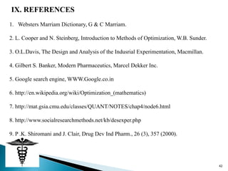 IX. REFERENCES
1. Websters Marriam Dictionary, G & C Marriam.

2. L. Cooper and N. Steinberg, Introduction to Methods of Optimization, W.B. Sunder.

3. O.L.Davis, The Design and Analysis of the Indusrial Experimentation, Macmillan.

4. Gilbert S. Banker, Modern Pharmaceutics, Marcel Dekker Inc.

5. Google search engine, WWW.Google.co.in

6. http://en.wikipedia.org/wiki/Optimization_(mathematics)

7. http://mat.gsia.cmu.edu/classes/QUANT/NOTES/chap4/node6.html

8. http://www.socialresearchmethods.net/kb/desexper.php

9. P .K. Shiromani and J. Clair, Drug Dev Ind Pharm., 26 (3), 357 (2000).




                                                                                       42
 