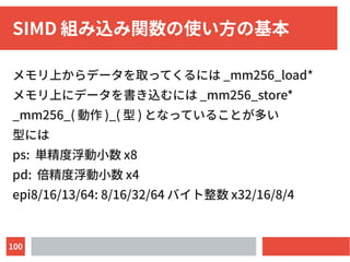 100
SIMD 組み込み関数の使い方の基本
メモリ上からデータを取ってくるには _mm256_load*
メモリ上にデータを書き込むには _mm256_store*
_mm256_( 動作 )_( 型 ) となっていることが多い
型には
ps: 単精度浮動小数 x8
pd: 倍精度浮動小数 x4
epi8/16/13/64: 8/16/32/64 バイト整数 x32/16/8/4
 