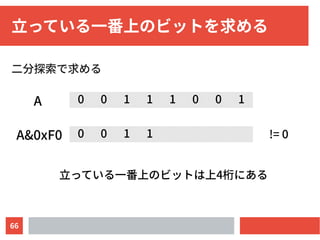 66
立っている一番上のビットを求める
二分探索で求める
0 0 1 1 1 0 0 1A
0 0 1 1A&0xF0 != 0
立っている一番上のビットは上4桁にある
 