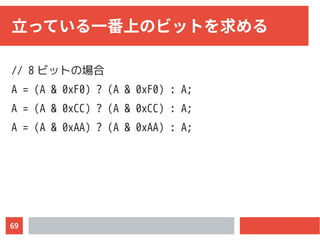 69
立っている一番上のビットを求める
// 8 ビットの場合
A = (A & 0xF0) ? (A & 0xF0) : A;
A = (A & 0xCC) ? (A & 0xCC) : A;
A = (A & 0xAA) ? (A & 0xAA) : A;
 
