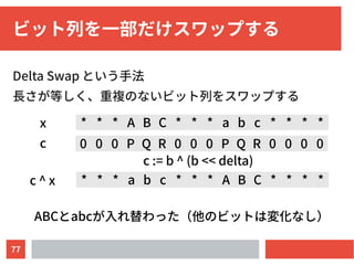 77
ビット列を一部だけスワップする
Delta Swap という手法
長さが等しく、重複のないビット列をスワップする
* * * A B C * * * a b c * * * *
0 0 0 P Q R 0 0 0 P Q R 0 0 0 0
x
ABCとabcが入れ替わった（他のビットは変化なし）
c := b ^ (b << delta)
c
* * * a b c * * * A B C * * * *c ^ x
 