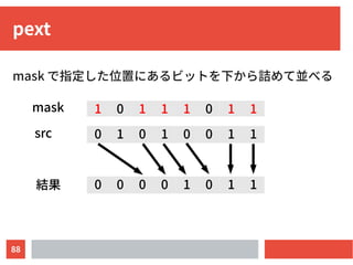 88
pext
mask で指定した位置にあるビットを下から詰めて並べる
1 0 1 1 1 0 1 1mask
0 1 0 1 0 0 1 1src
0 0 0 0 1 0 1 1結果
 