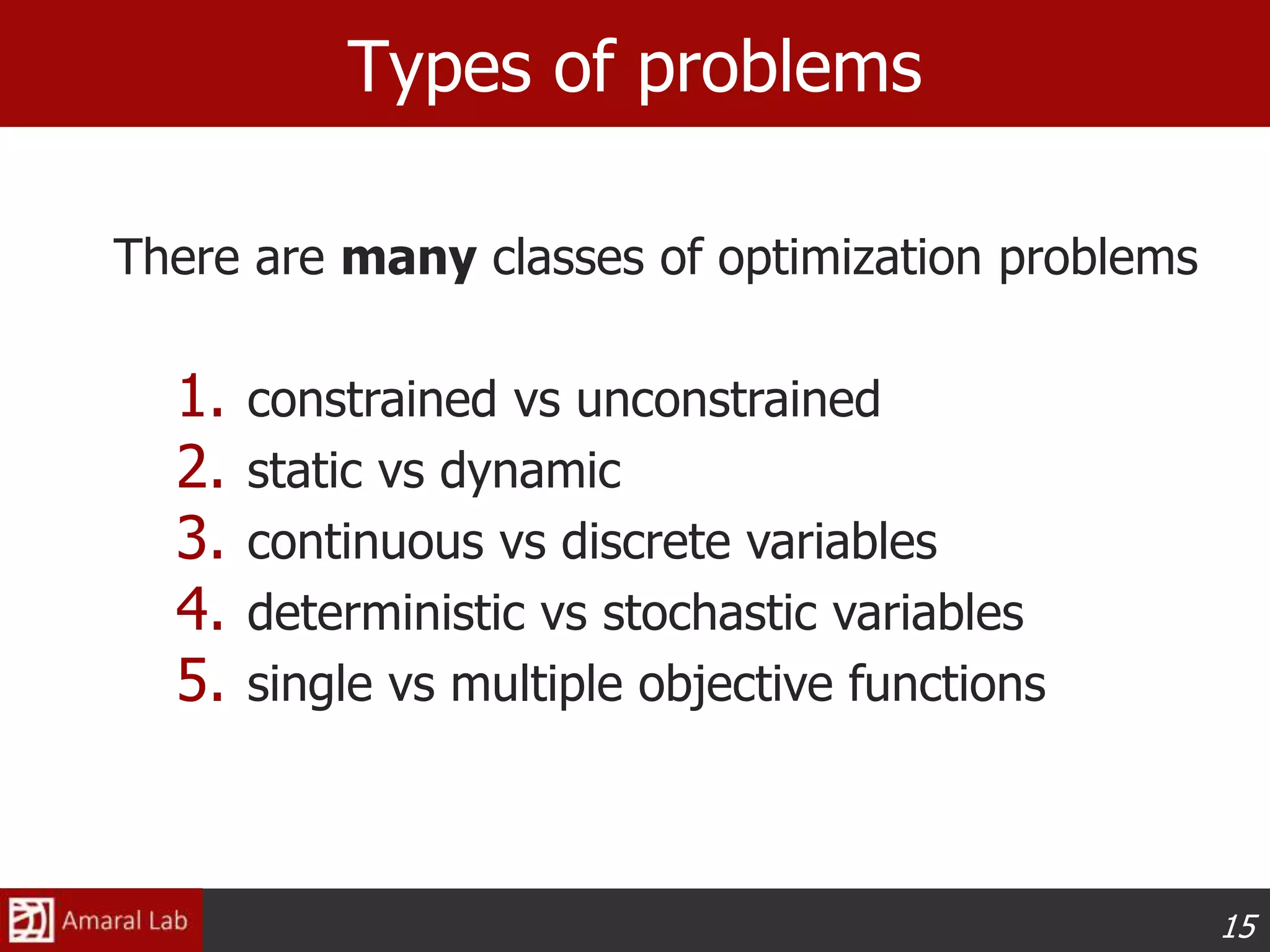 15
Types of problems
There are many classes of optimization problems
1. constrained vs unconstrained
2. static vs dynamic
3. continuous vs discrete variables
4. deterministic vs stochastic variables
5. single vs multiple objective functions
 