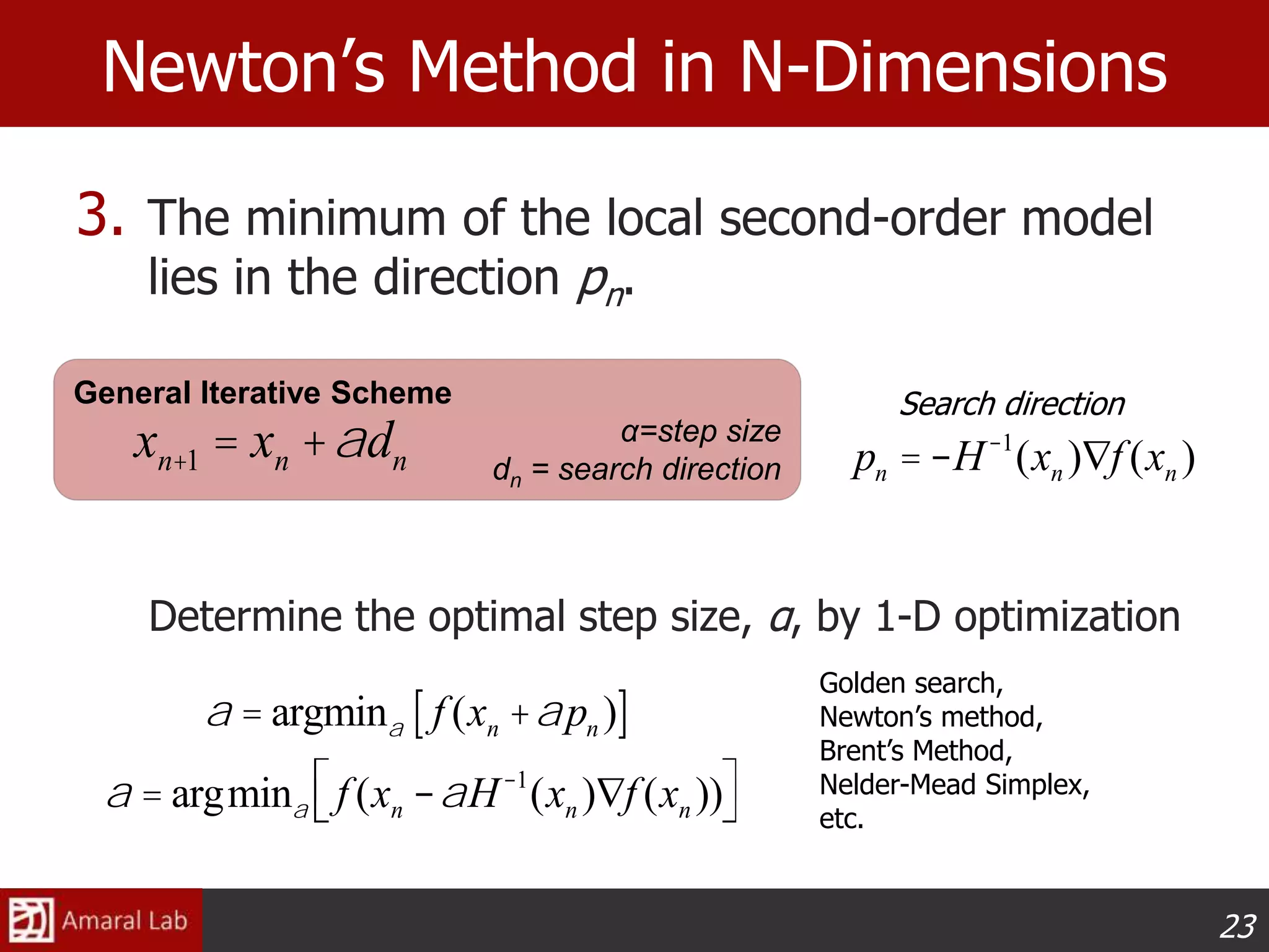 23
Newton’s Method in N-Dimensions
3. The minimum of the local second-order model
lies in the direction pn.
Determine the optimal step size, α, by 1-D optimization
pn = -H-1
(xn )Ñf (xn )
Search directionGeneral Iterative Scheme
α=step size
dn = search direction
xn+1 = xn +adn
a = argmina f (xn -aH-1
(xn )Ñf (xn ))éë ùû
a = argmina f (xn +apn )[ ]
Golden search,
Newton’s method,
Brent’s Method,
Nelder-Mead Simplex,
etc.
 