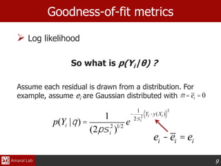 9
 Log likelihood
So what is p(Yi|θ) ?
Assume each residual is drawn from a distribution. For
example, assume ei are Gaussian distributed with
Goodness-of-fit metrics
p(Yi |q) =
1
(2psi
2
)1/2
e
-
1
2si
2
Yi -y(Xi )( )
2
ei -ei = ei
m = ei = 0
 